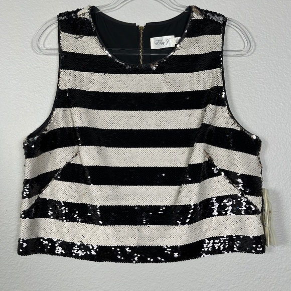 Eliza J size 14 sleeveless sequin crop top black white stripe party festive NEW - Picture 1 of 10